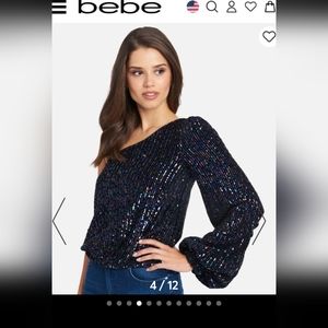Sz2 NWT BeBe One Shoulder Balloon Sleeve Multi-Color Sequin Party Blouse